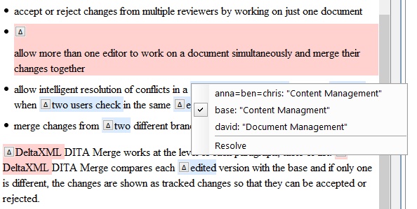 The dropdown lists show all change options and a ‘Resolve’ action.