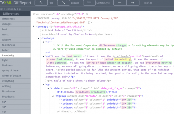 A browser screenshot of a DiffReport output from a XML Compare comparison