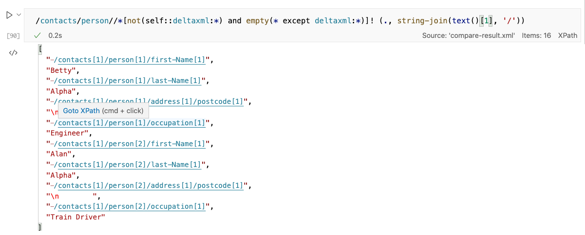 XML nodes are represented in the output cell using the raw JSON view