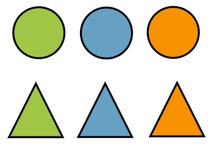 Version A shows 3 different coloured circles above 3 different coloured triangles.